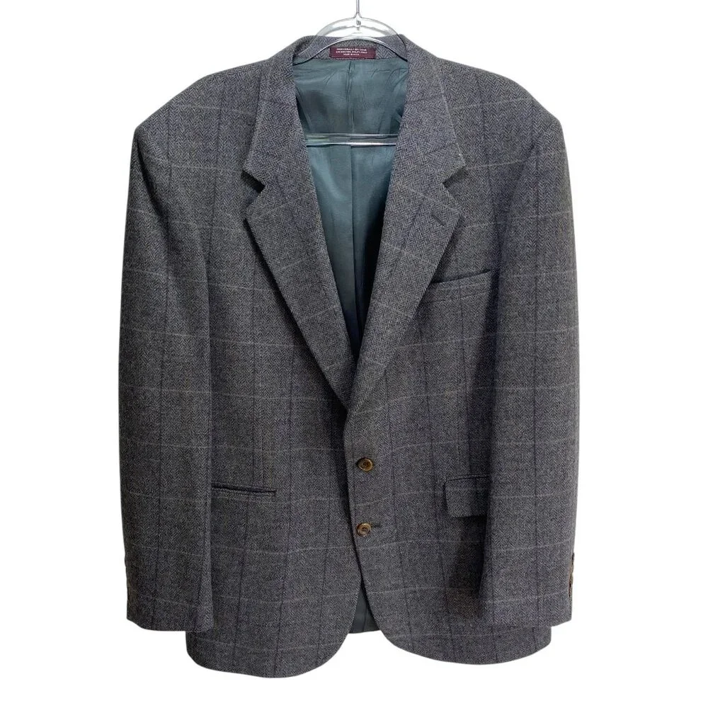 Evan Picone 100% Wool‎ Sport Coat Men 44 LG Gray Plaid Herringbone 2 Button USA